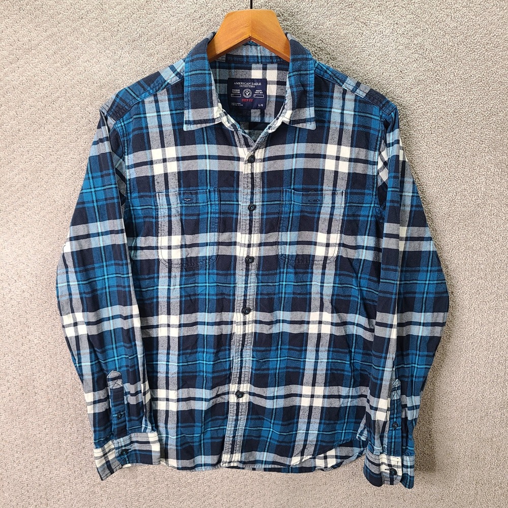 American Eagle Shirt Mens Large Blue Plaid Prep Fit Button Down Cotton Casual